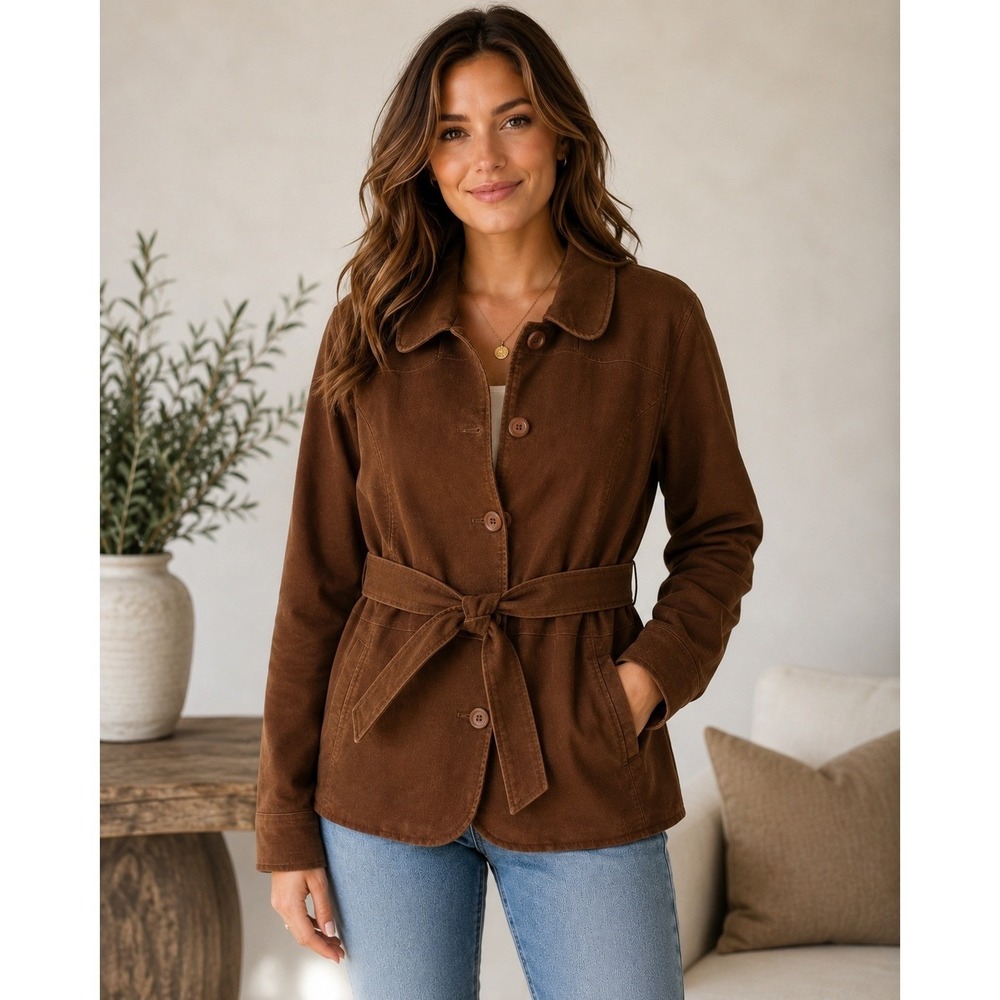 LL Bean Womens Brown Cotton Belted Field Jacket Barn Coat Large Regular